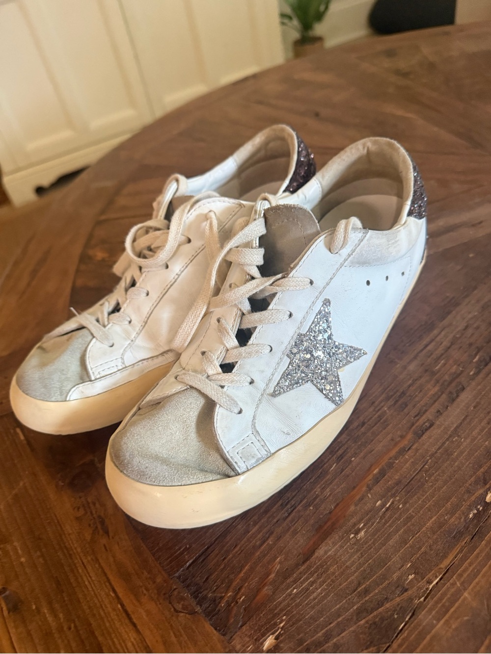 Golden Goose Women's Super-Star with silver glitter star and brown glitter heel